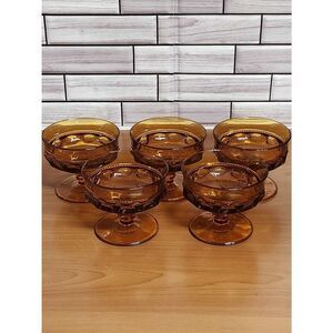 5 Amber King's Crown, Thumbprint Sherbet Glasses/ Vintage Amber Dessert Cups/Ind